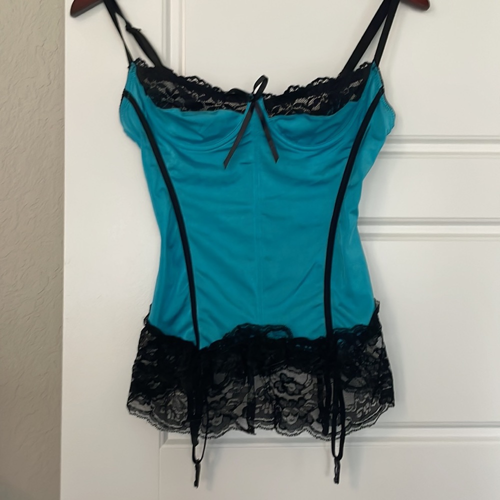 Blue & Black Corset Lingerie Lace Detail - Garter Straps - Size Small